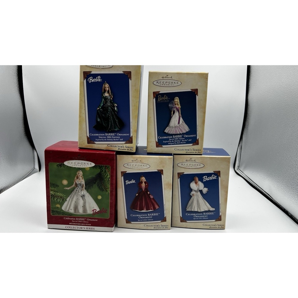 5 Vintage Hallmark Keepsake Celebration Collectible Barbie Ornaments Yrs 2001-05